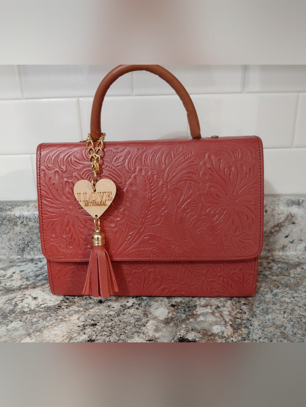 I Love Artesanal Terracota Leather Embossed Satchel Purse W/Removable Strap